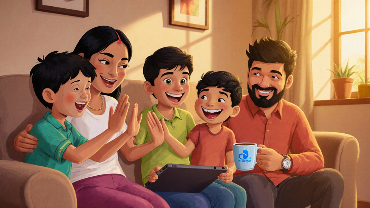 Family members laughing together while competing on Duolingo Family Plan during a quiet evening.