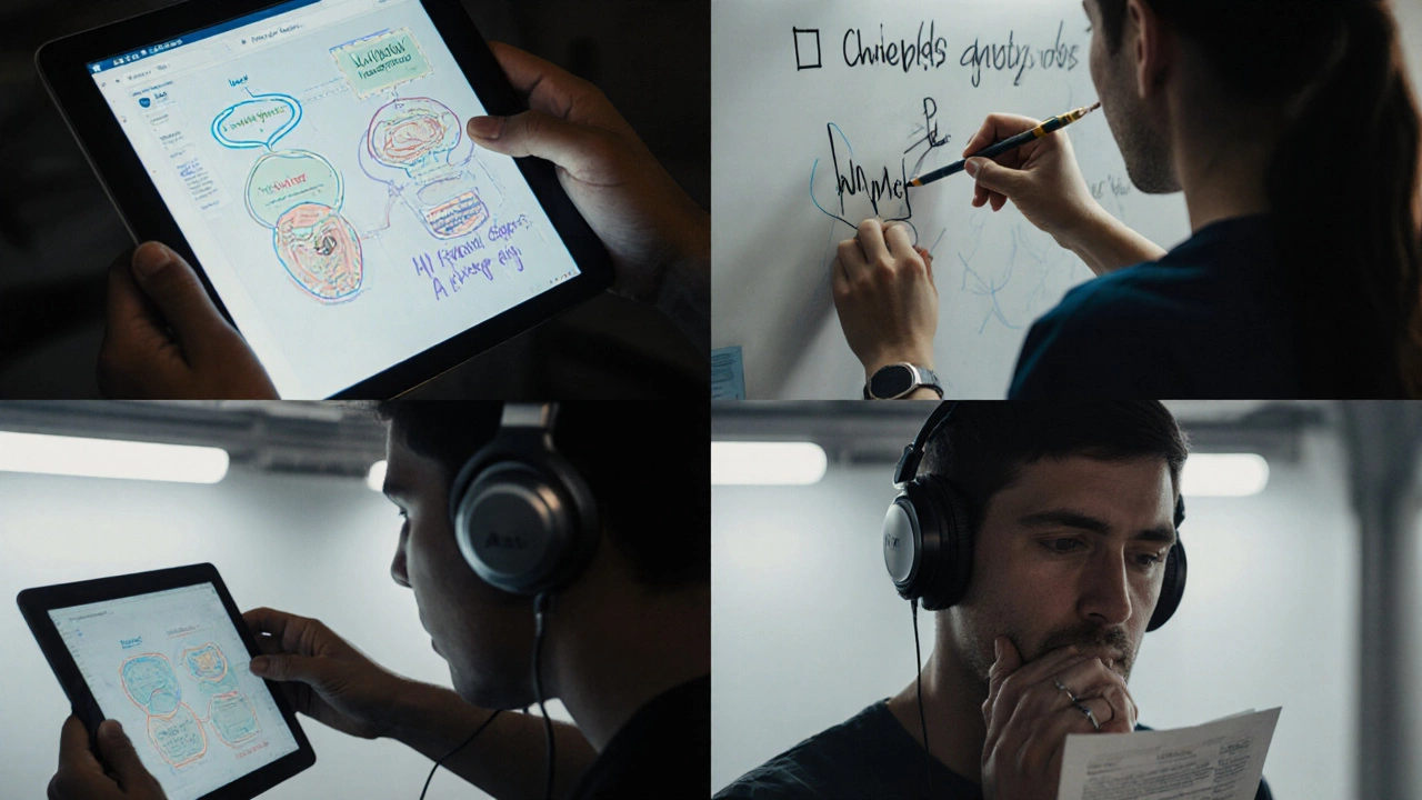 Four medical students in different study moments surrounded by textbooks, flashcards, and medical diagrams.