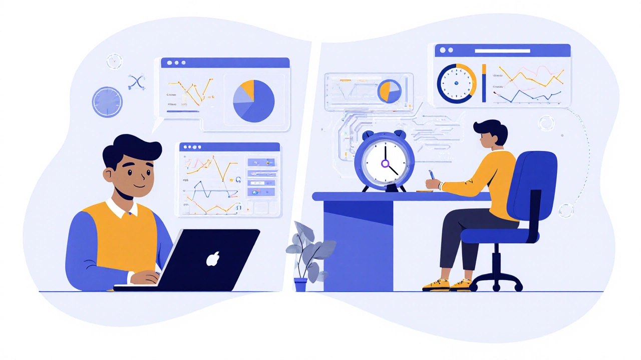 Hybrid learning: student at home watching online class and later taking a mock test at a local center.