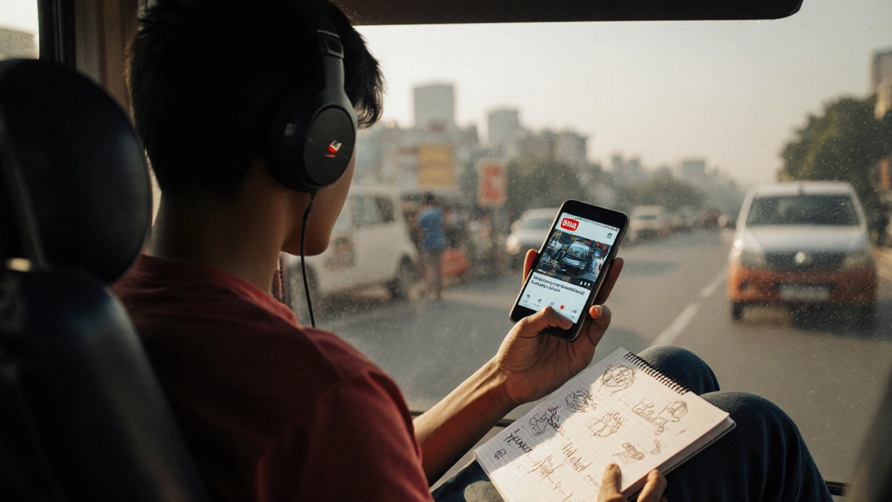 Person watching English car repair videos on bus, taking notes with vocabulary written down.