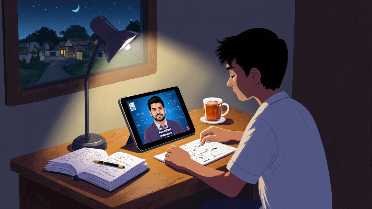 Rural student studying NEET at night using a tablet with free online lectures.