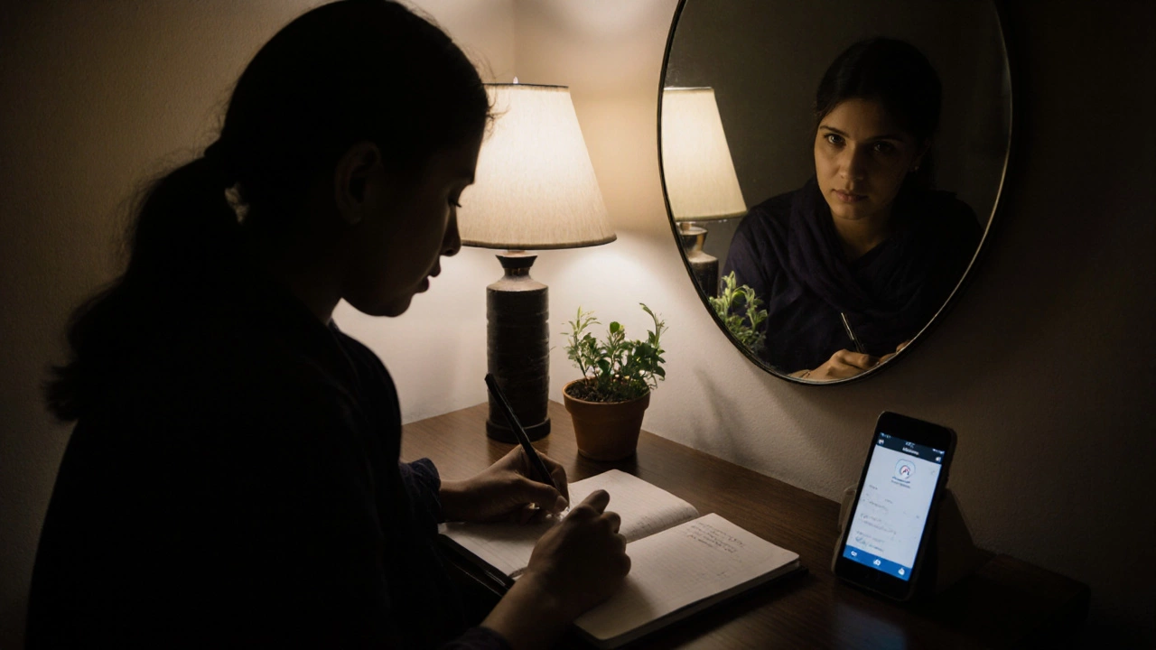 Shy learner reading English journal aloud to mirror in quiet home at night.