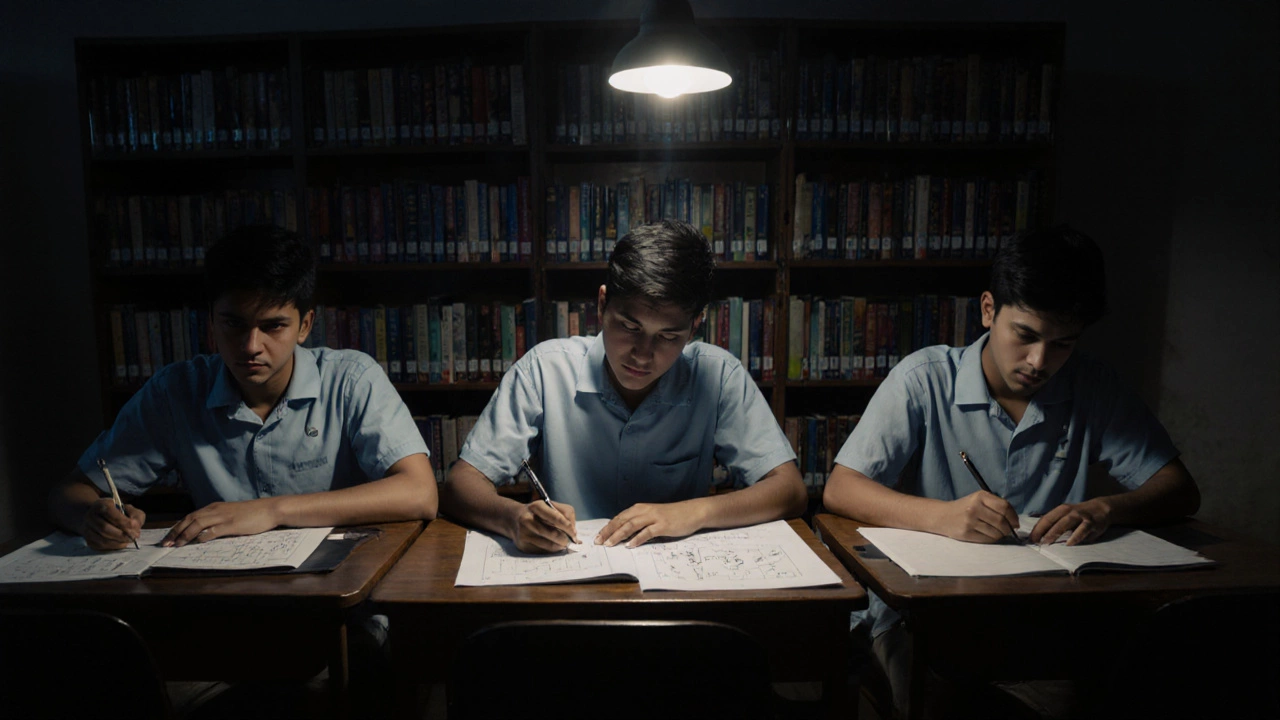 Three students taking JEE mock test in quiet library at night