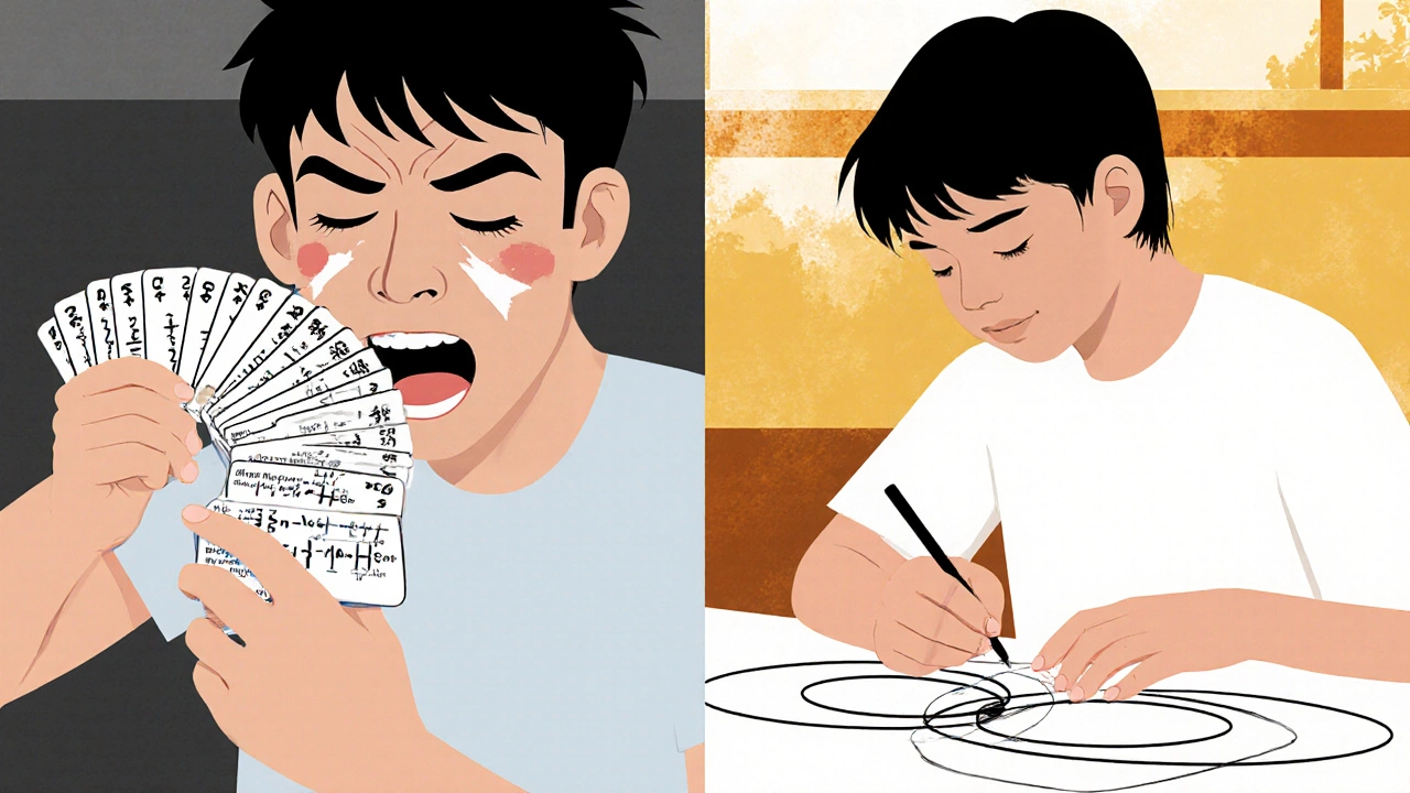 Two students side by side: one stressed with flashcards, another calmly analyzing a diagram with insight.