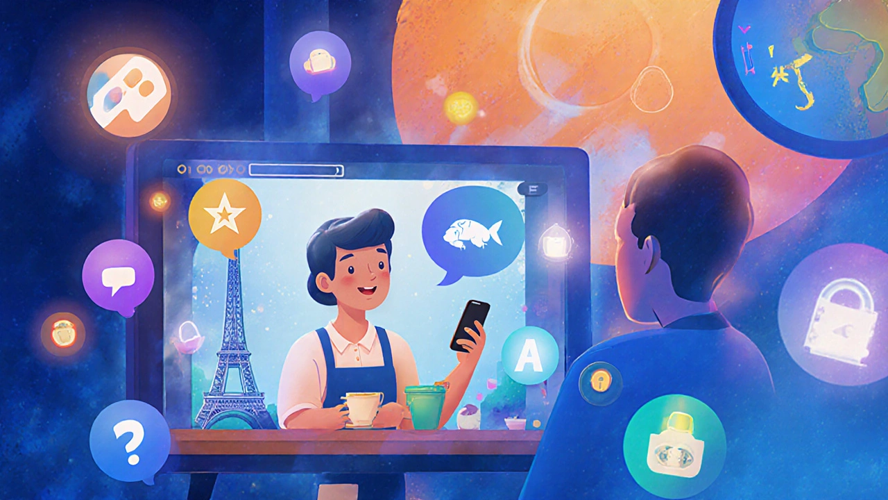 User chatting with an AI barista in Duolingo&#039;s AI conversation feature, with rewards and streaks visible.