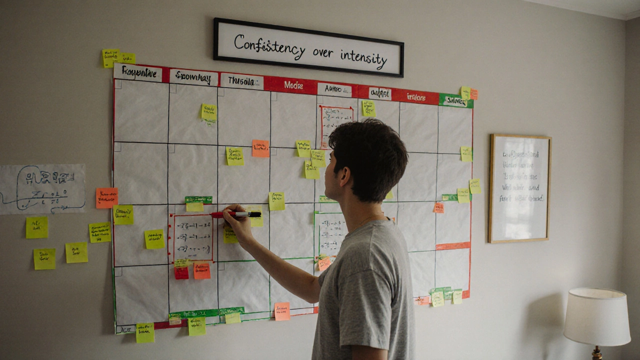 Wall covered in color-coded study calendar with progress tracking