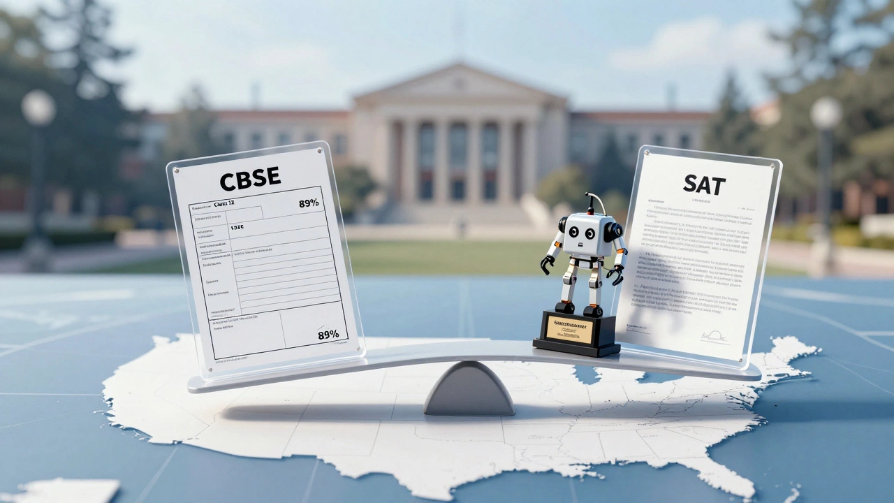 A balanced scale with CBSE marks and SAT scores alongside extracurricular achievements above a U.S. map.