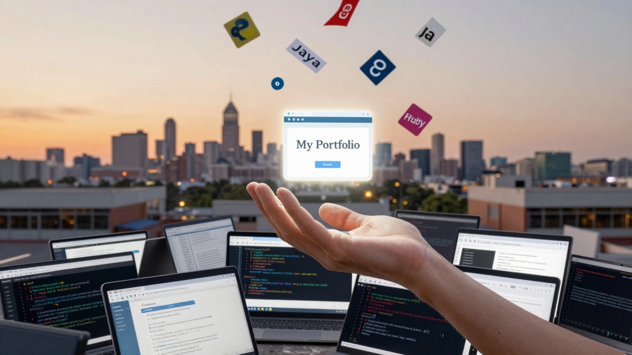 A hand holding a glowing website icon as outdated coding distractions fall away in the background.