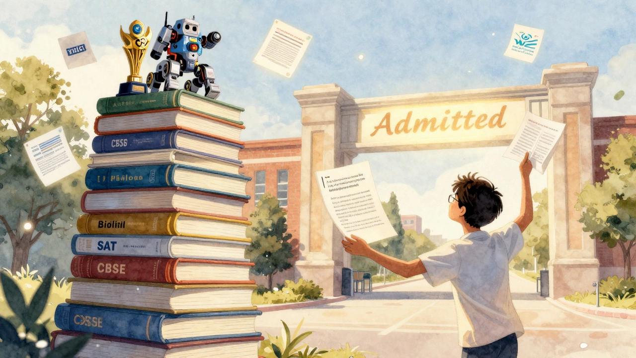 A student balancing academic achievements like CBSE papers, SAT books, and trophies toward a glowing university gate.