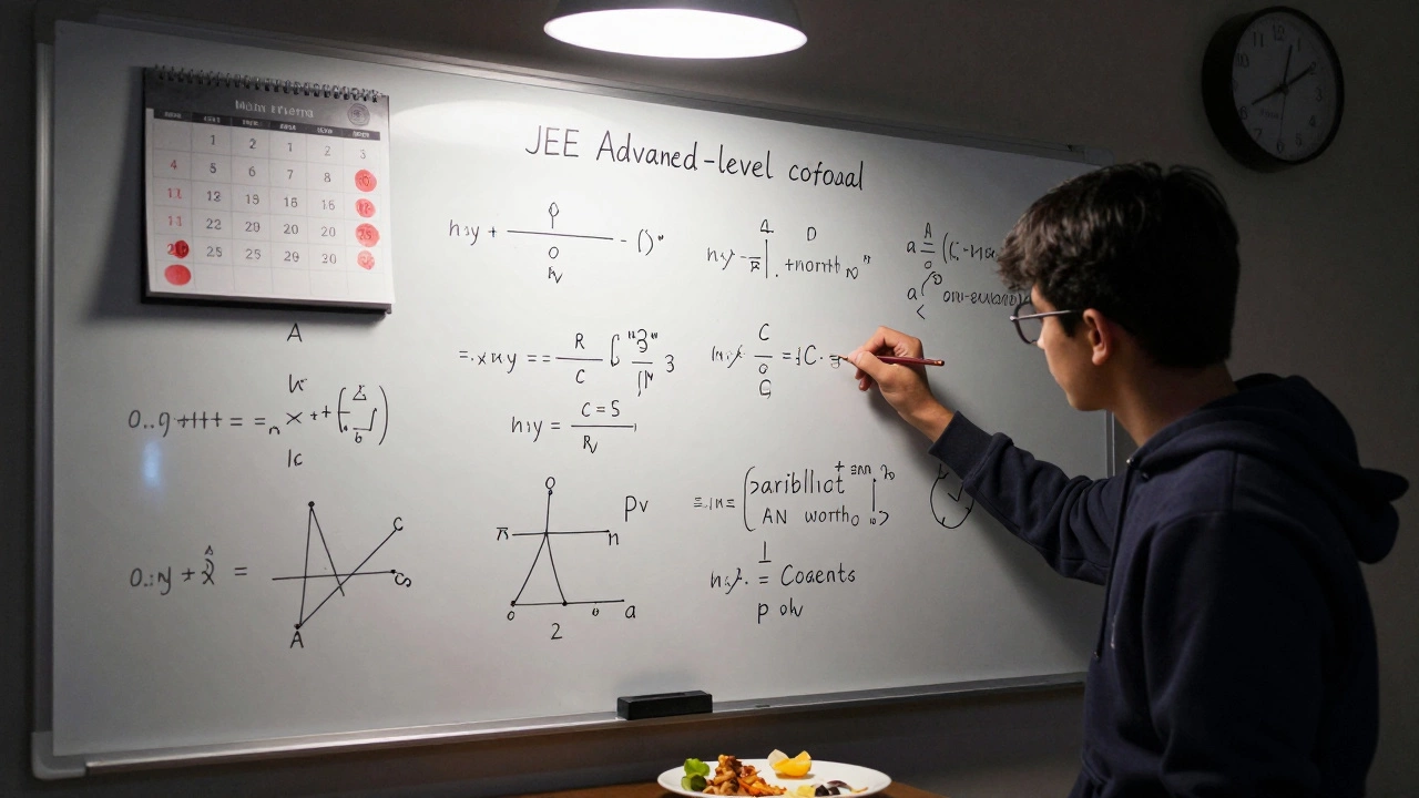 A student solving complex physics equations on a whiteboard late at night.