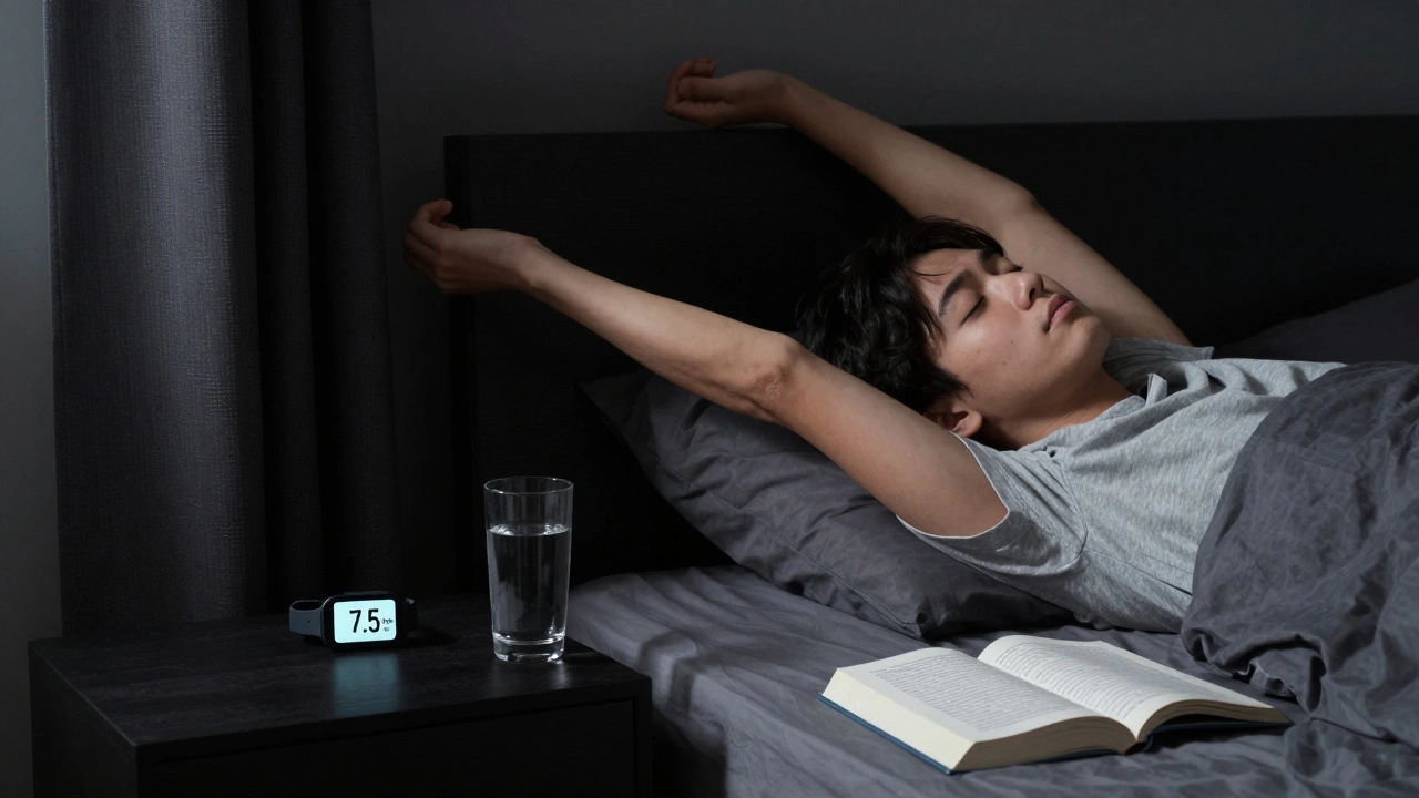 A student waking up naturally at dawn in a calm, darkened bedroom with sleep tracker visible.
