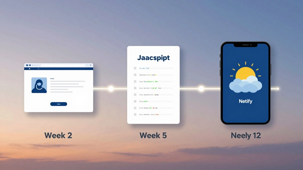 A visual timeline showing progression from basic HTML to a deployed weather app over 12 weeks.