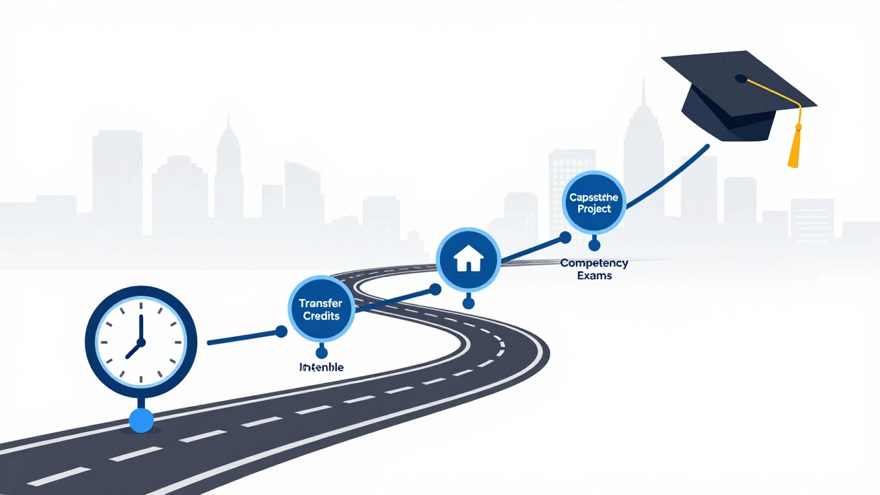 Digital timeline road leading from 12 months to graduation cap above city skyline