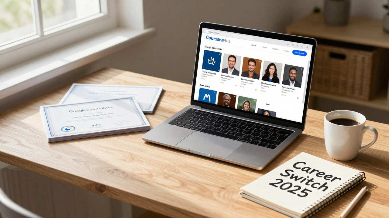 Home office in India with Coursera Plus courses open on laptop and earned certificates on desk.