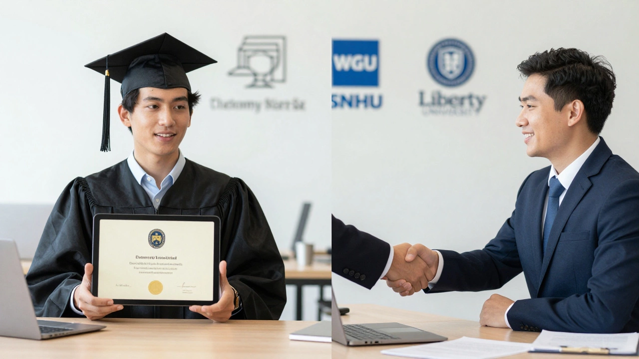 Person receiving online degree on tablet, transitioning to professional job handshake