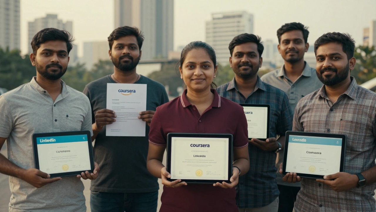 Professionals in India holding Coursera certificates, smiling in front of Mumbai city skyline.