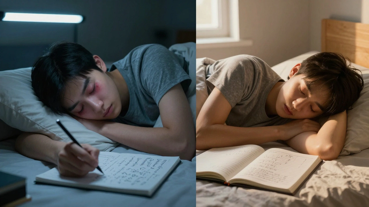 Split image: student cramming at night vs. sleeping peacefully with notes nearby.
