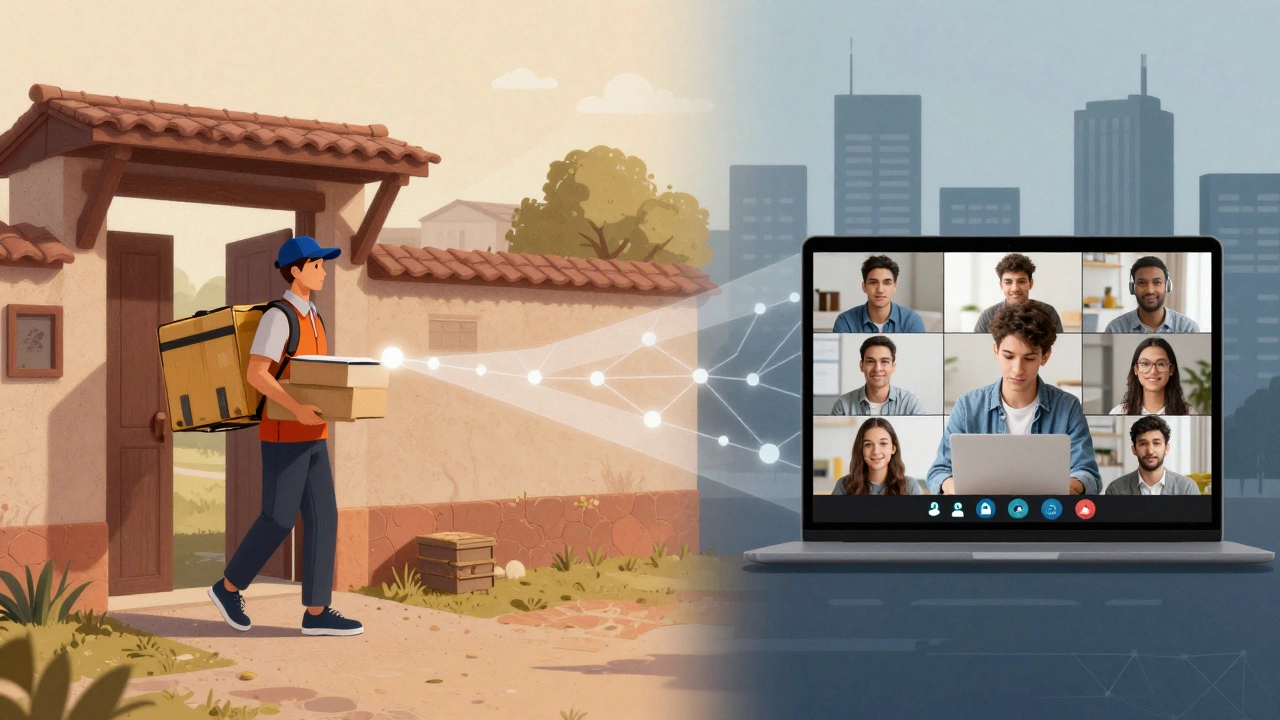 Split-screen showing distance learning delivery and online learning interaction, symbolizing evolving education.