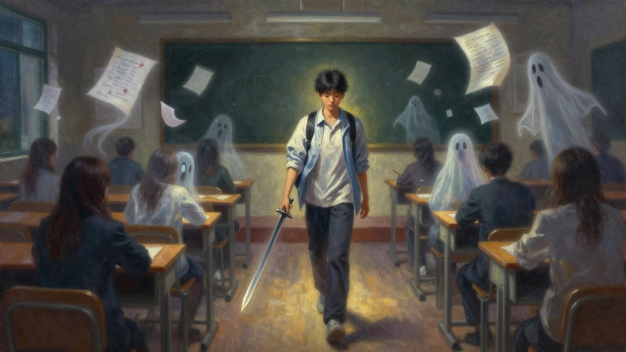 Student walking through exam hall, past fading mistakes, moving toward light.