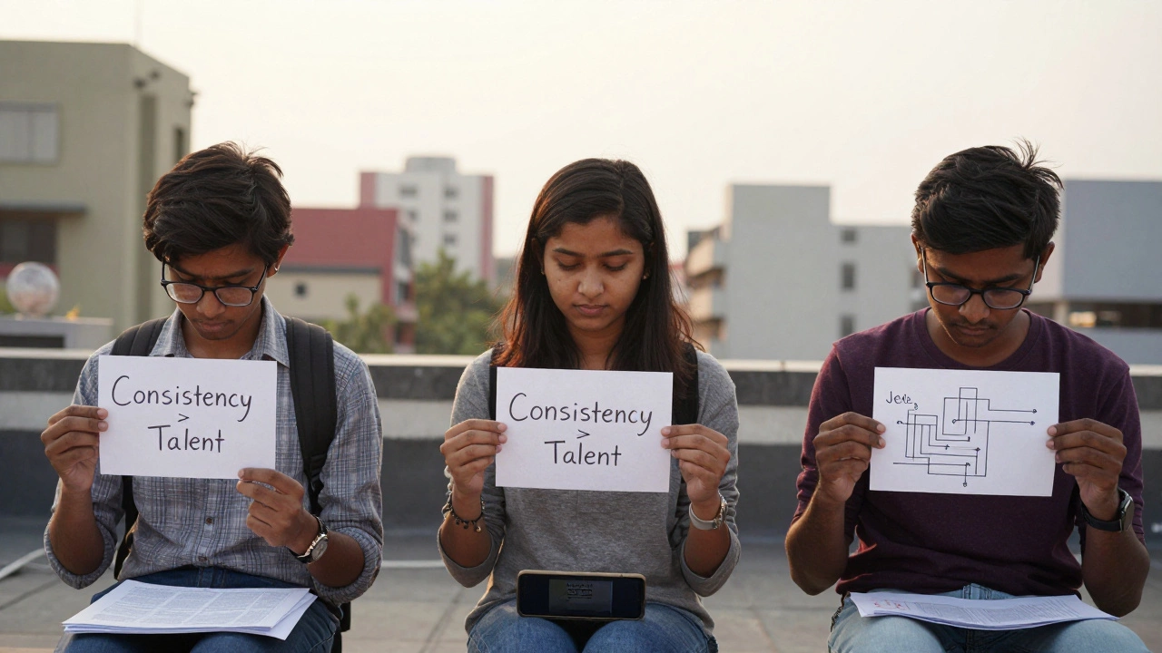 Three students in different settings holding a note that says &#039;Consistency &gt; Talent&#039;.