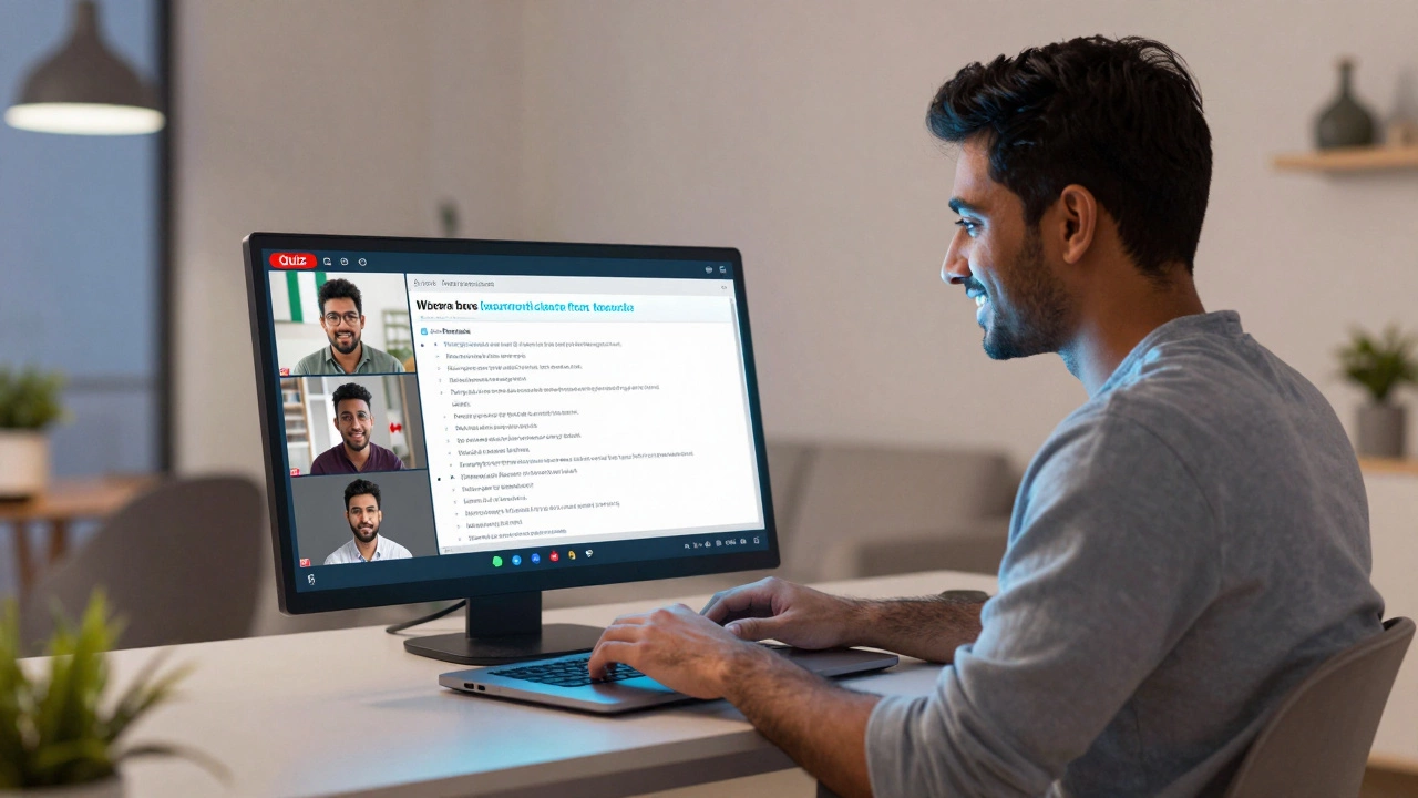 Young professional participating in a live online lecture with global classmates on a laptop.